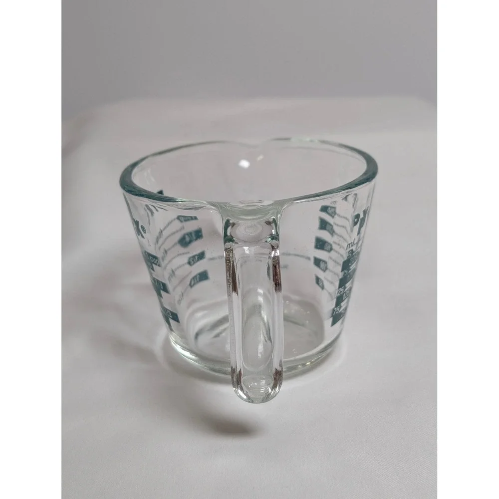 VTG Pyrex 1 Cup 8oz 250ml Glass Measuring Cup Green/Blue Lettering USA Corning